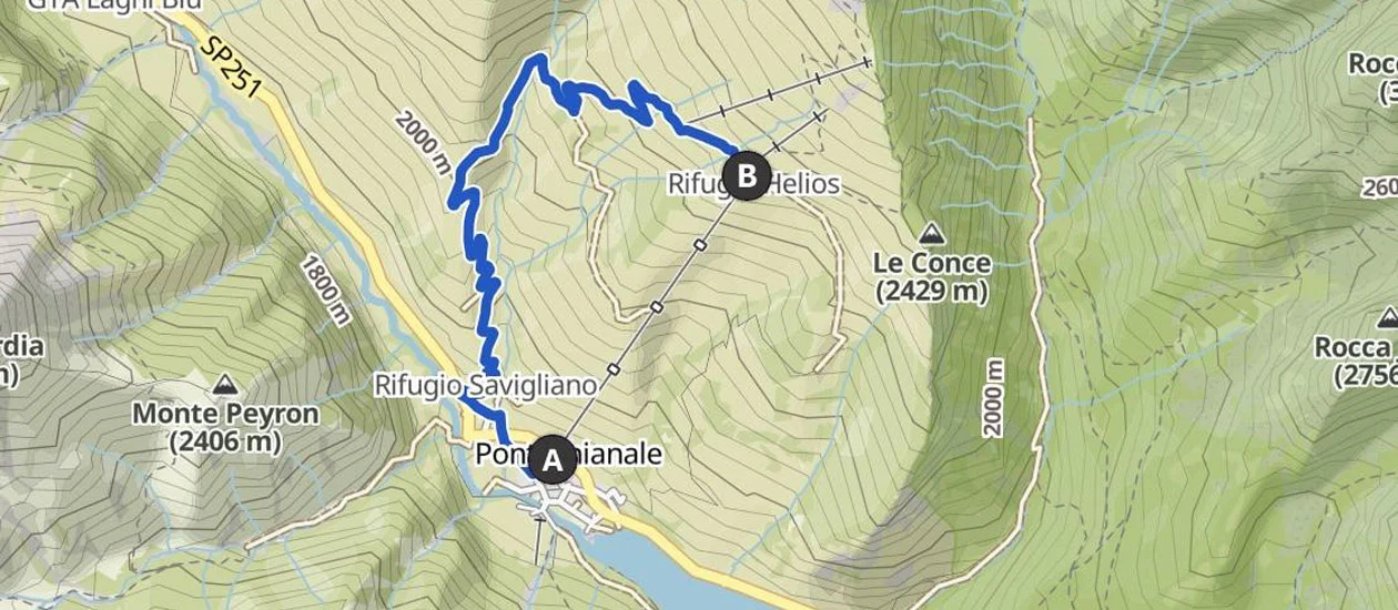 mappa con il tracciato per salire al rifugio helios in bici